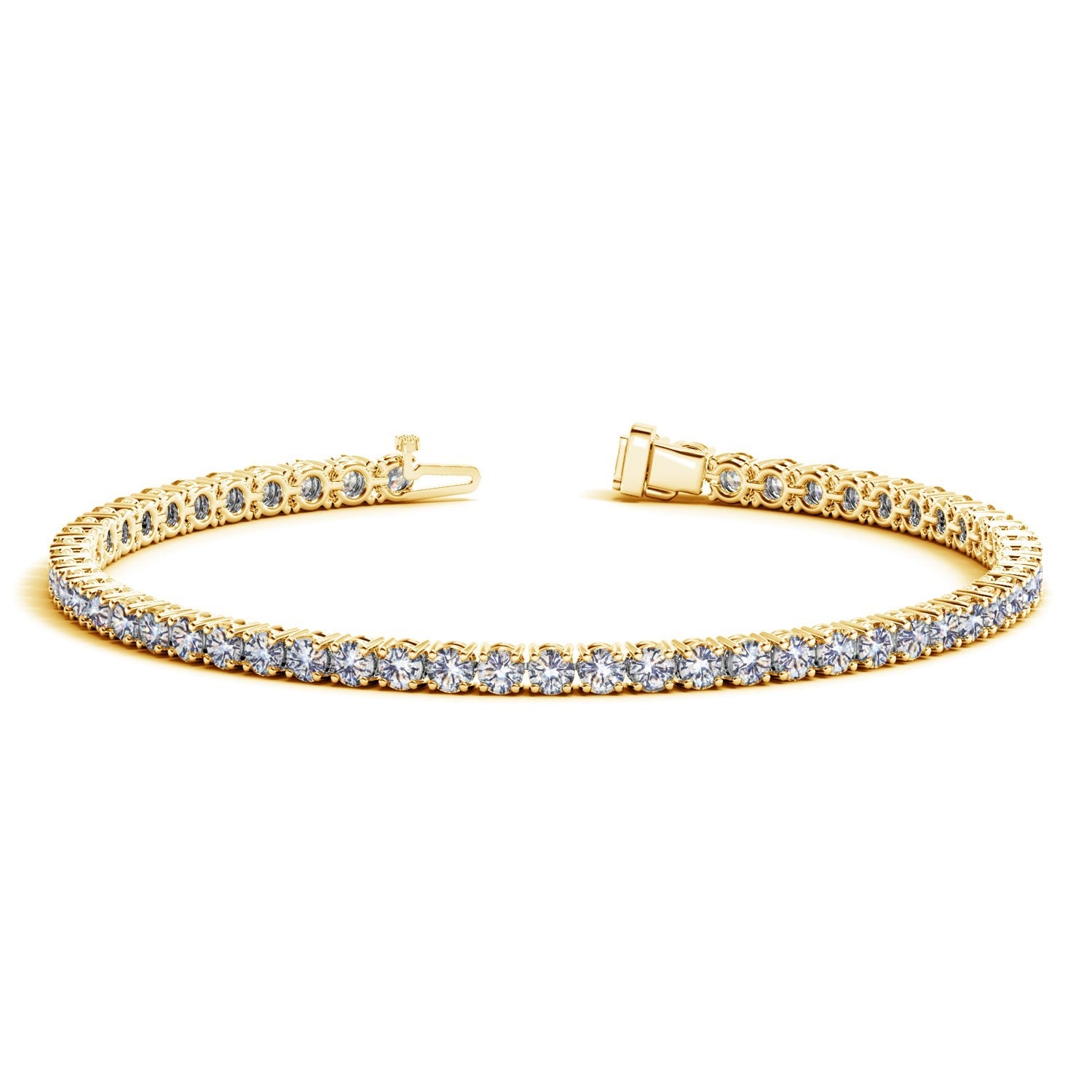 A yellow gold tennis bracelet with round lab-grown diamonds and an open clasp.