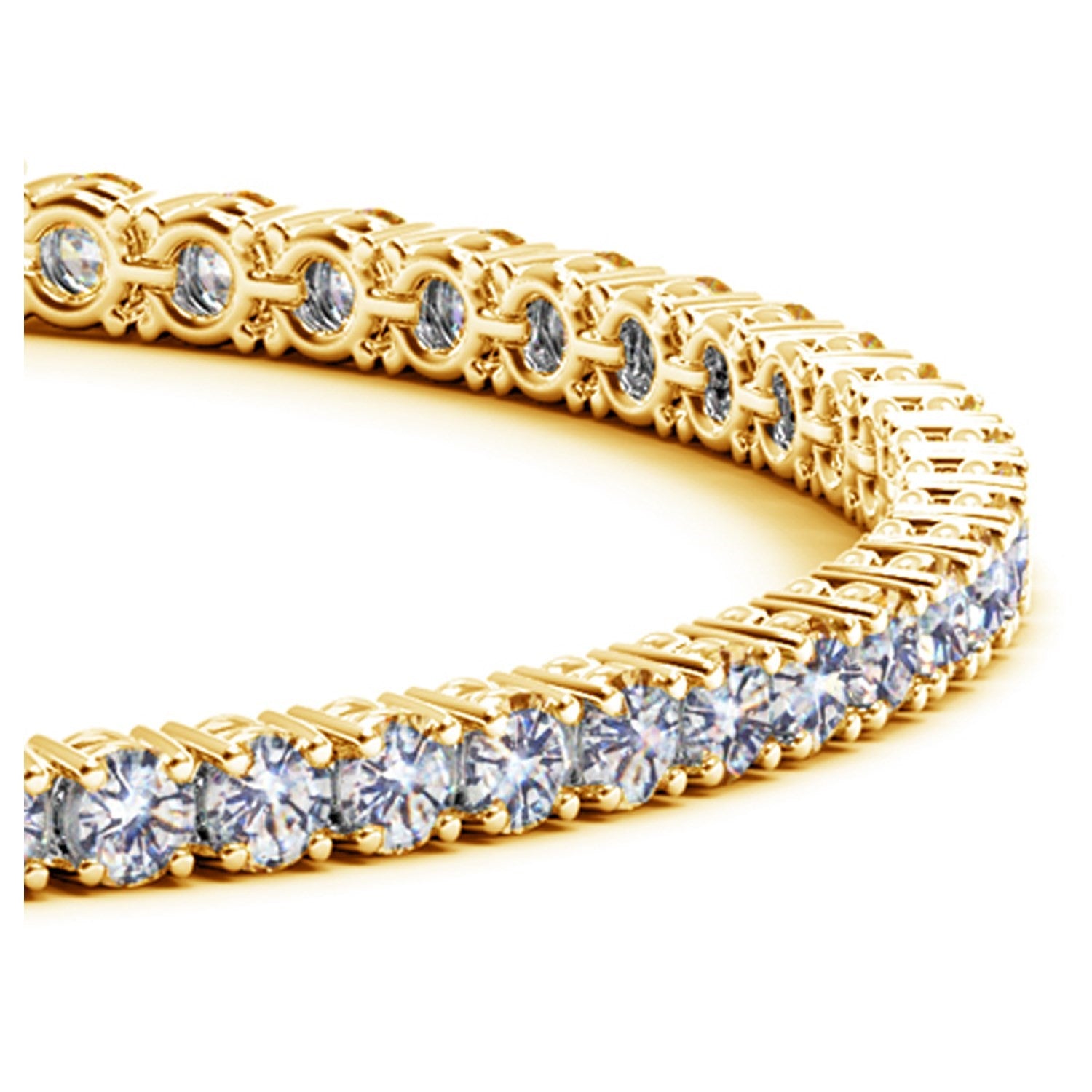 A yellow gold tennis bracelet with round, brilliant-cut lab-grown diamonds.