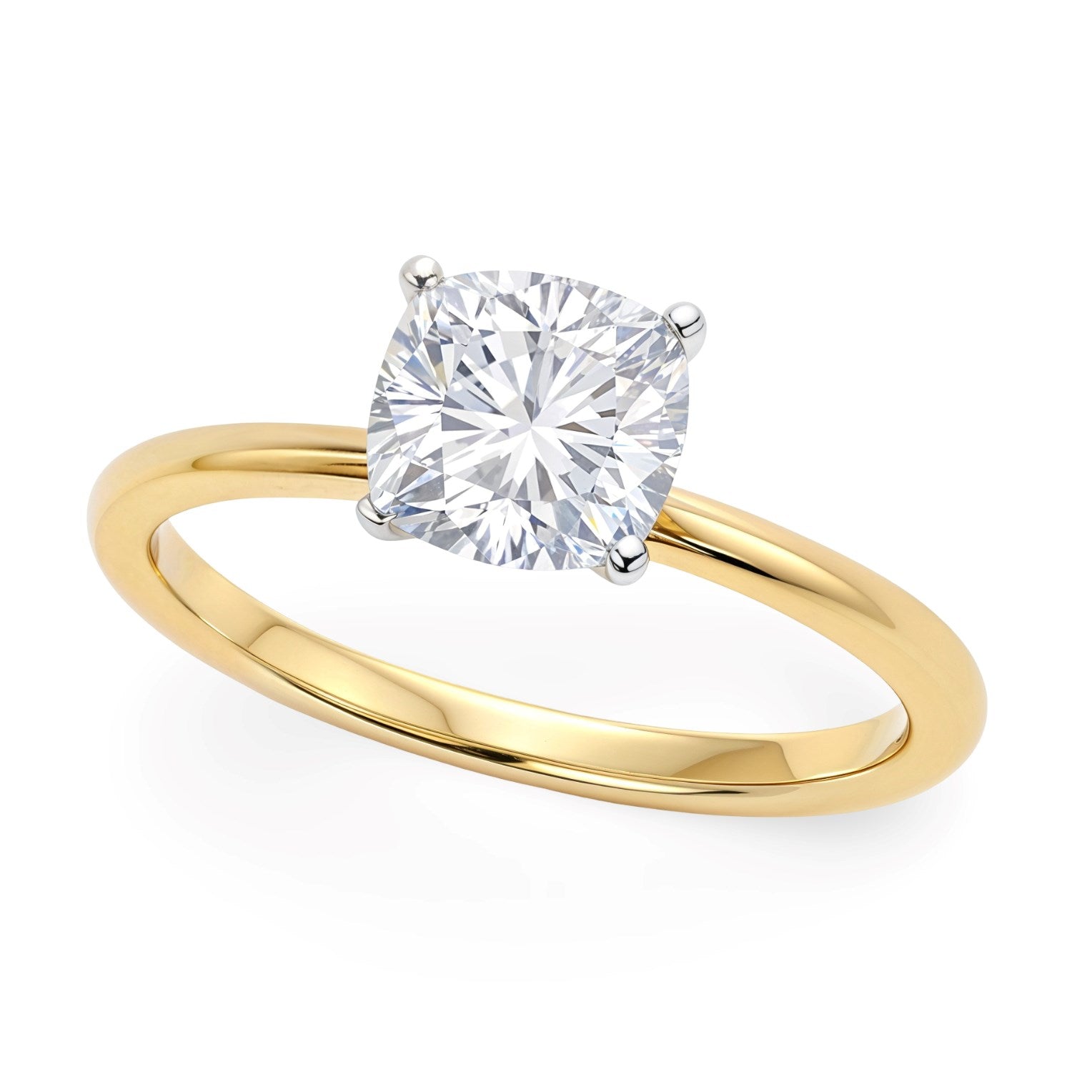 1 carat cushion lab grown diamond solitaire ring in 14K yellow gold.