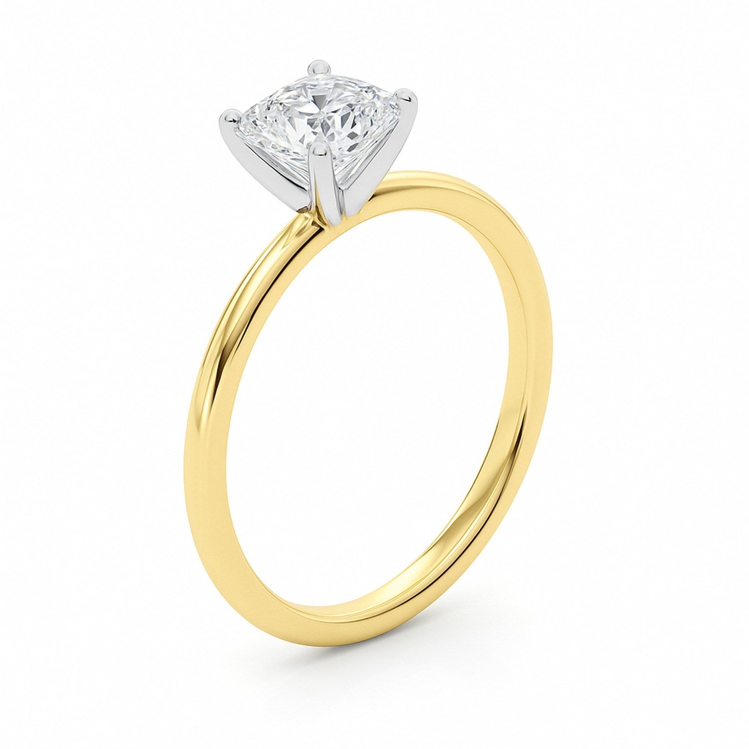 14K yellow gold solitaire ring with a cushion-cut lab-grown diamond in a white gold setting.