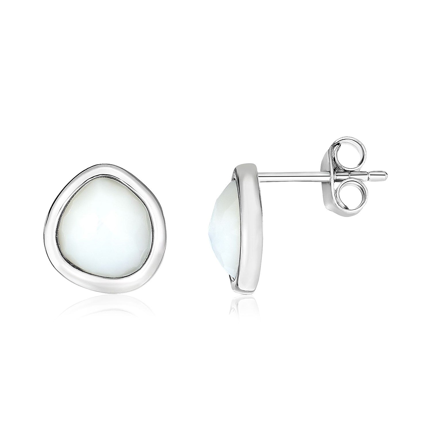 Sterling silver rounded mother of pearl earrings with pushback clasps.