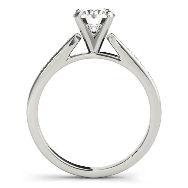 A 14k white gold engagement ring with a round diamond and a single row of side diamonds.