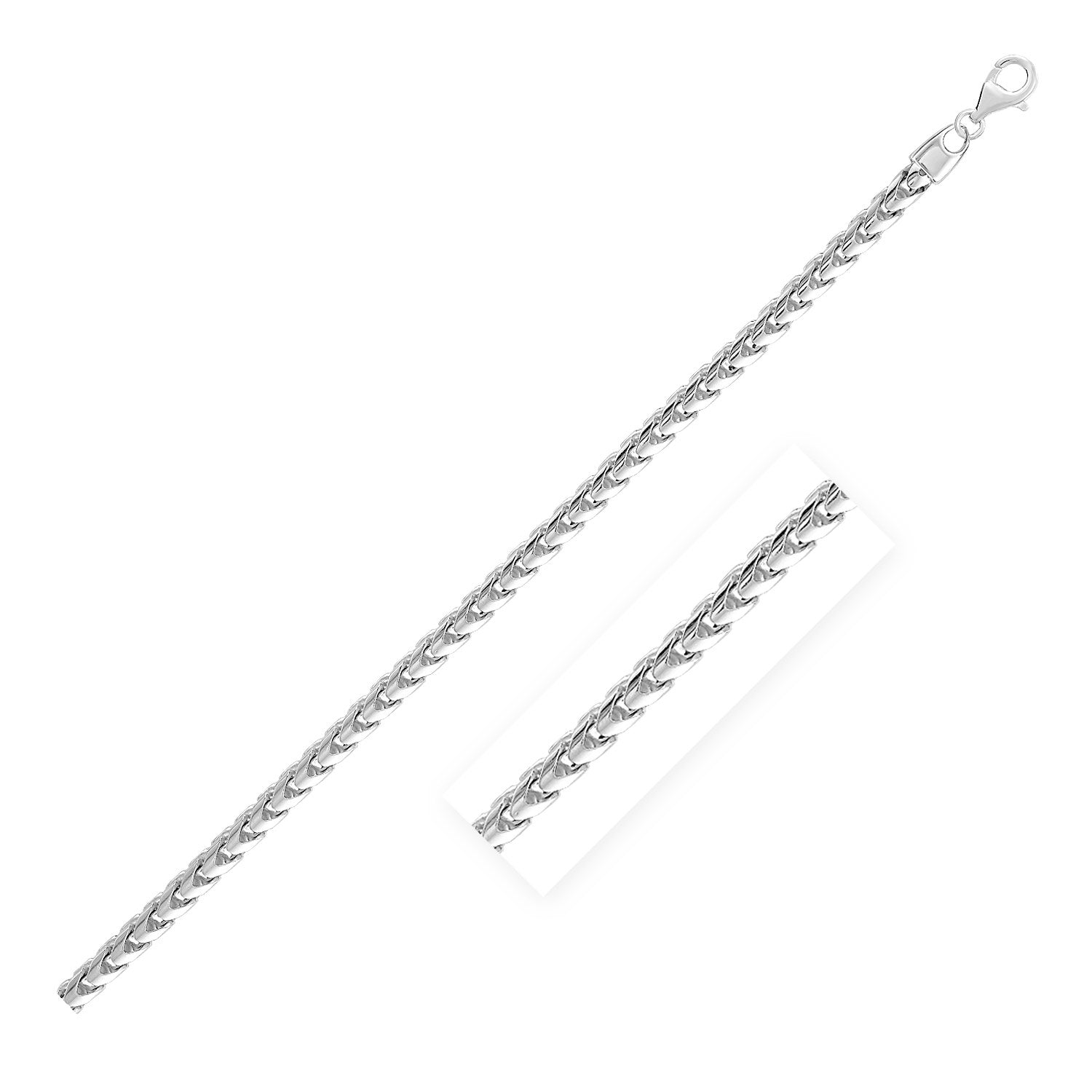 Sterling silver rhodium-plated round Franco chain, 4.6mm wide, with a lobster clasp.