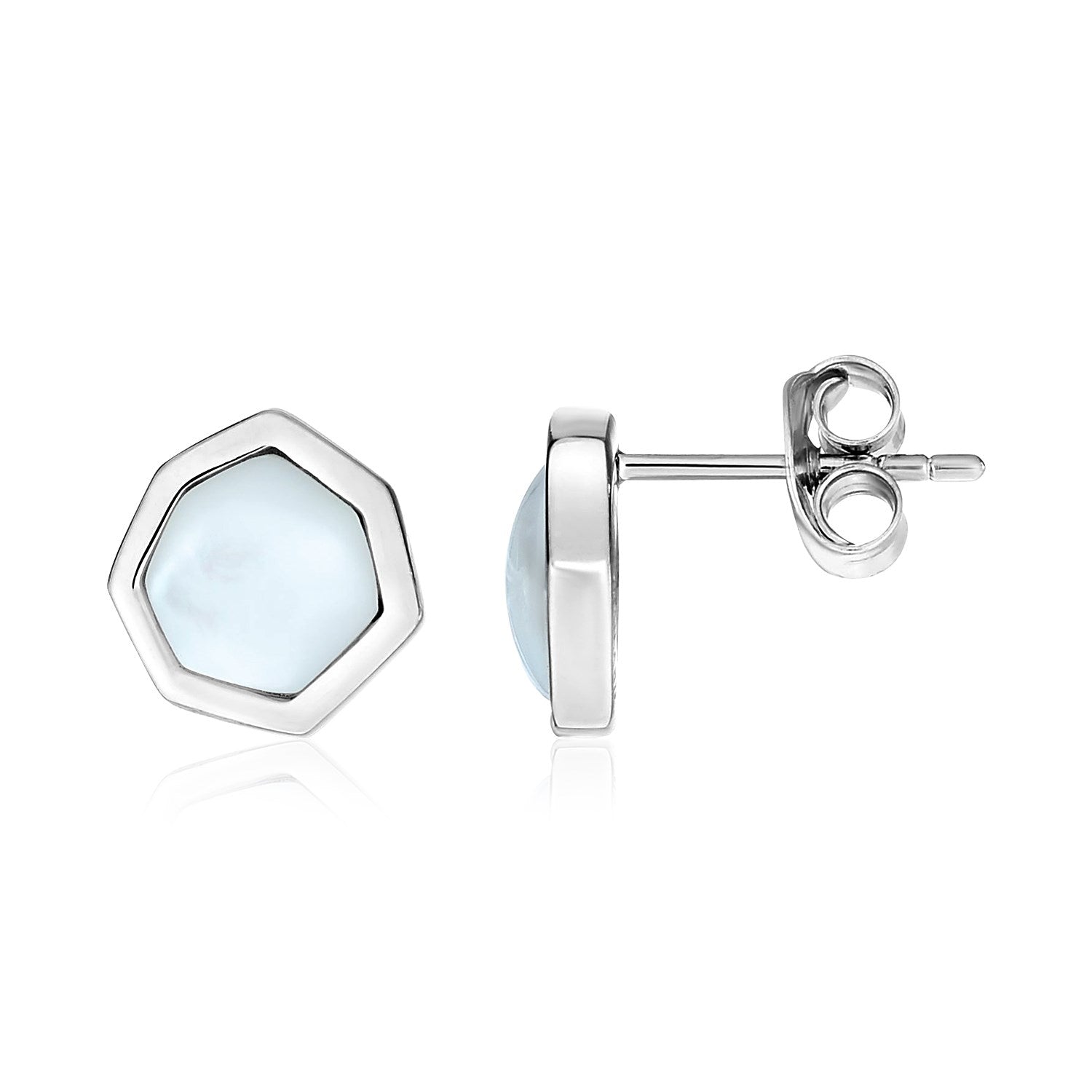 Sterling silver geometric mother of pearl earrings with pushback clasps.