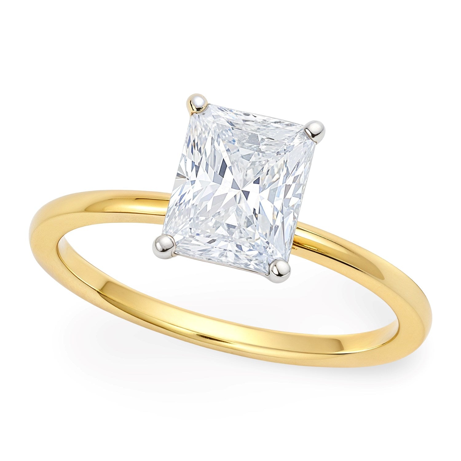 Radiant lab-grown diamond ring in 14K yellow gold with a four-prong setting.