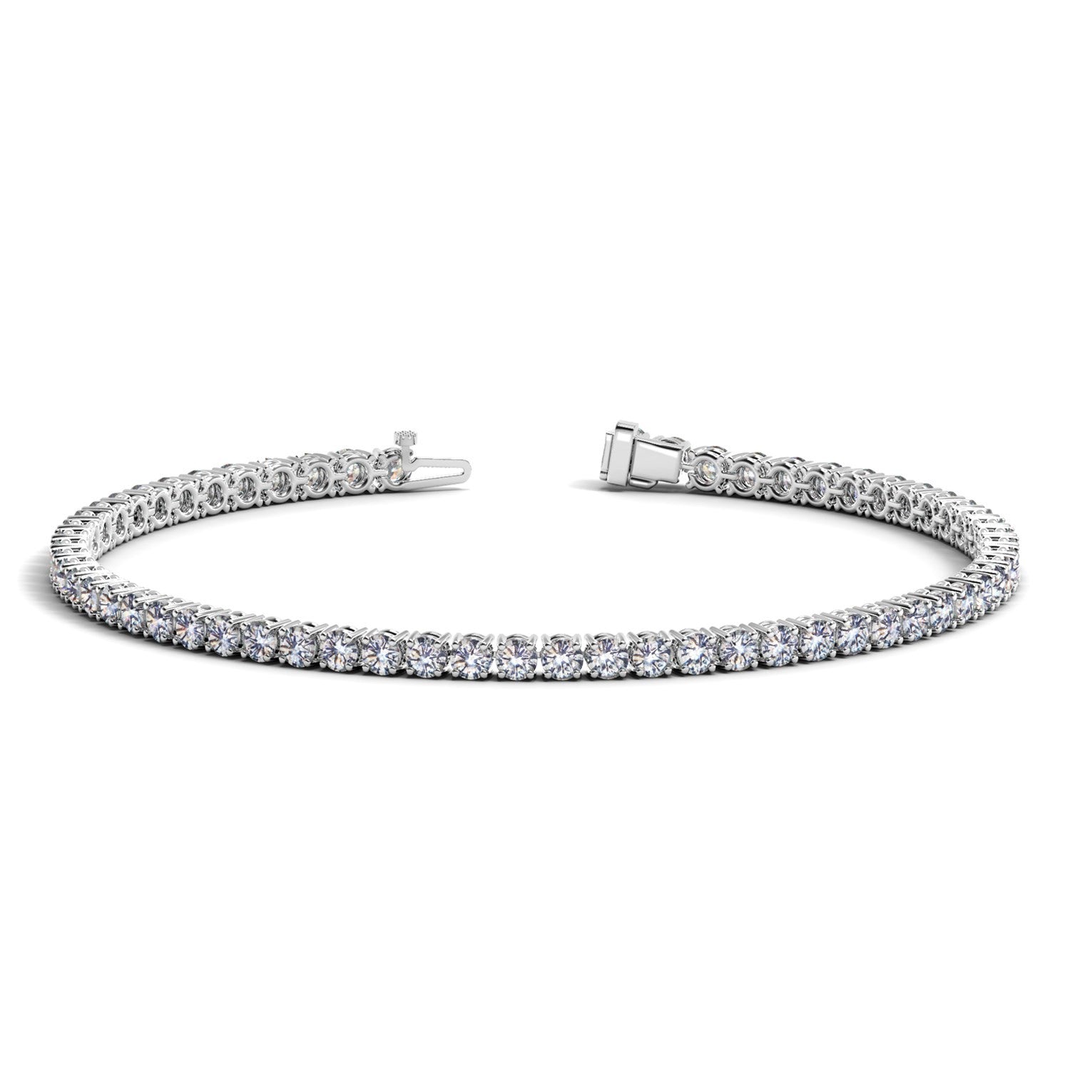 A white gold tennis bracelet with round lab-grown diamonds and an open clasp.