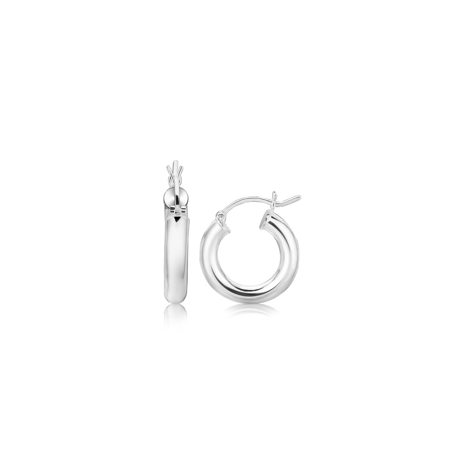 Sterling silver thick polished hoop earrings with rhodium plating and snap locks.