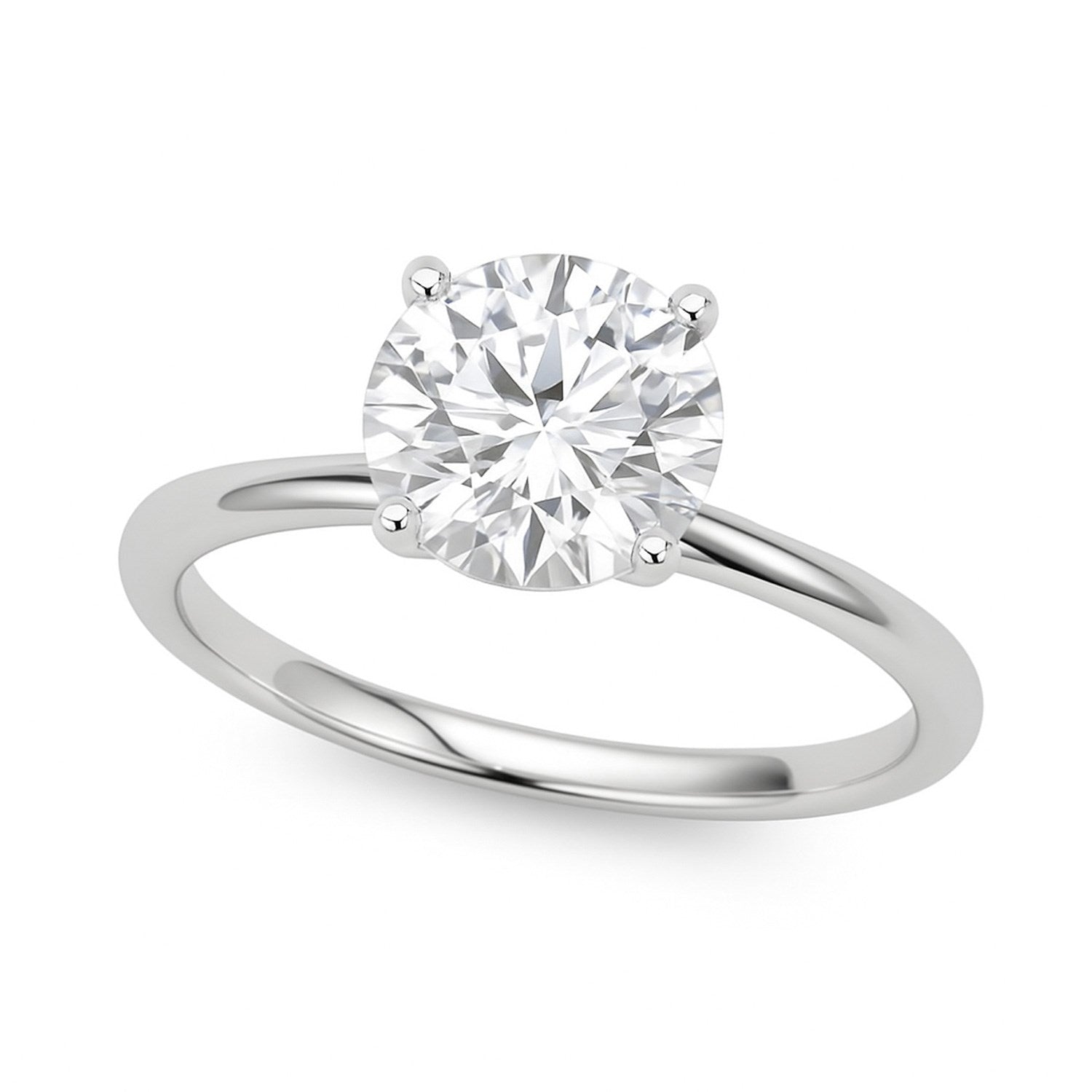 A 14K white gold solitaire ring with a round lab-grown diamond in a four-prong setting.