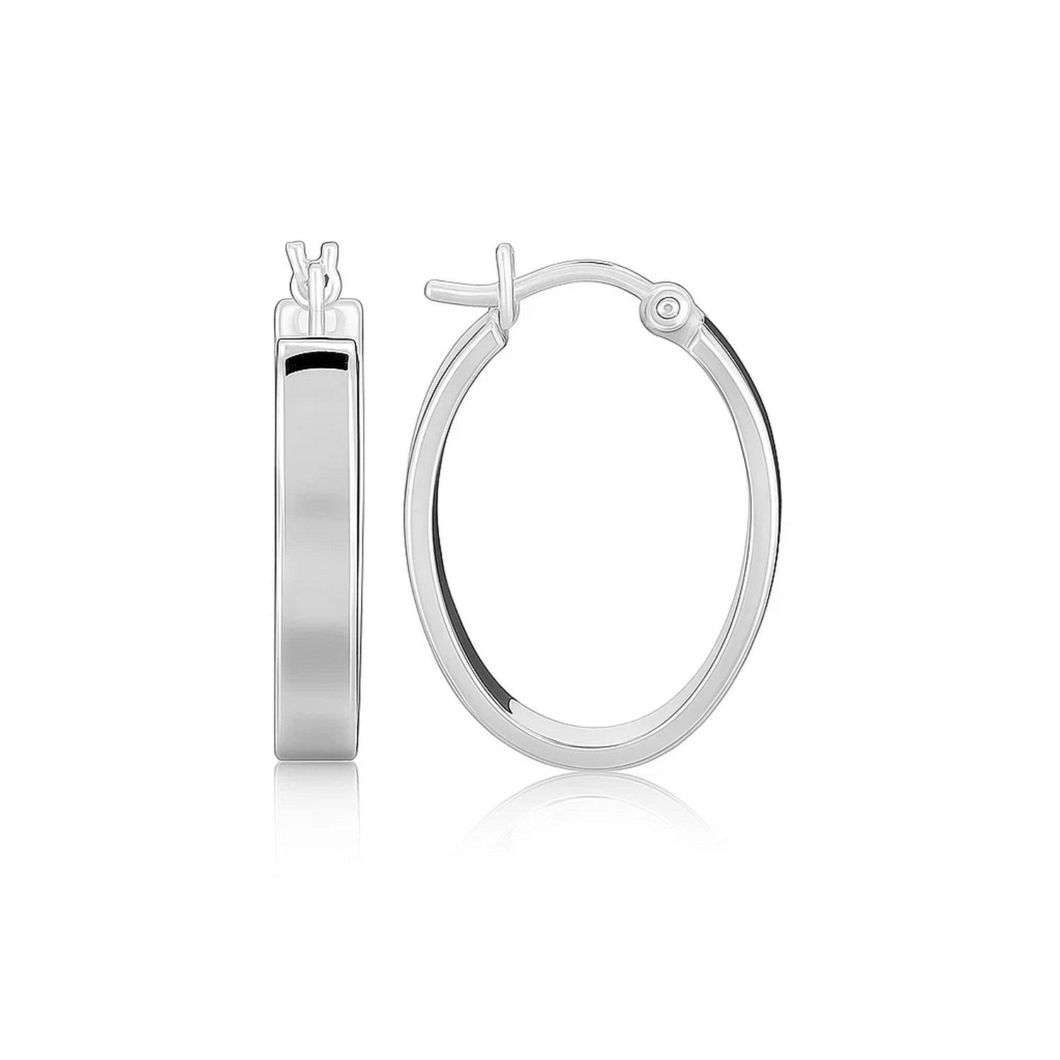 A pair of sterling silver flat style oval hoop earrings with rhodium plating.