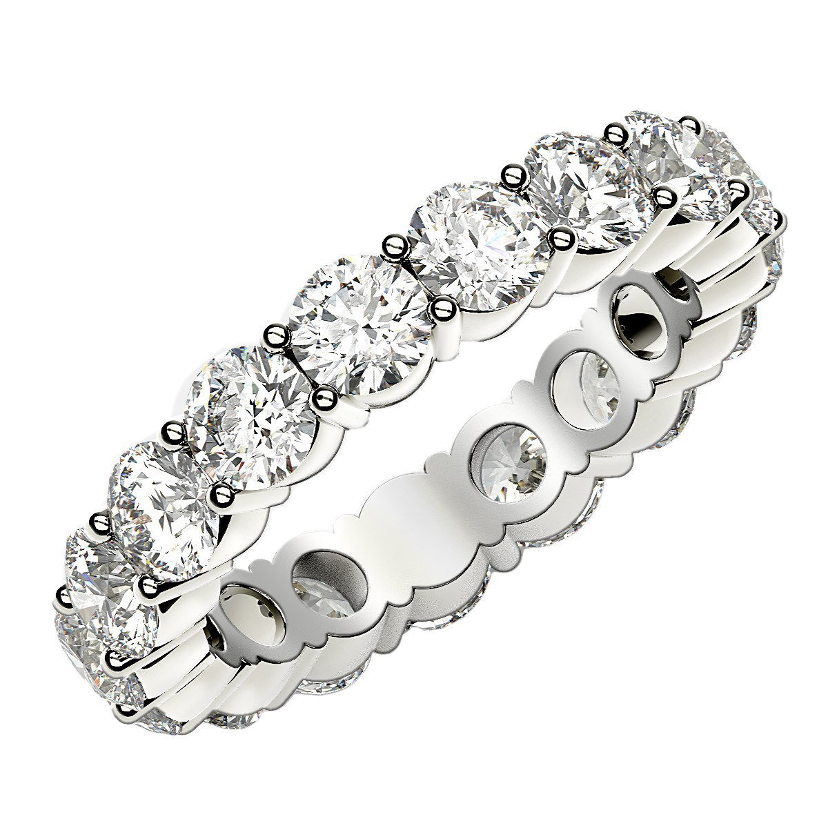 A white gold eternity ring with round-cut lab-grown diamonds in a common prong setting.