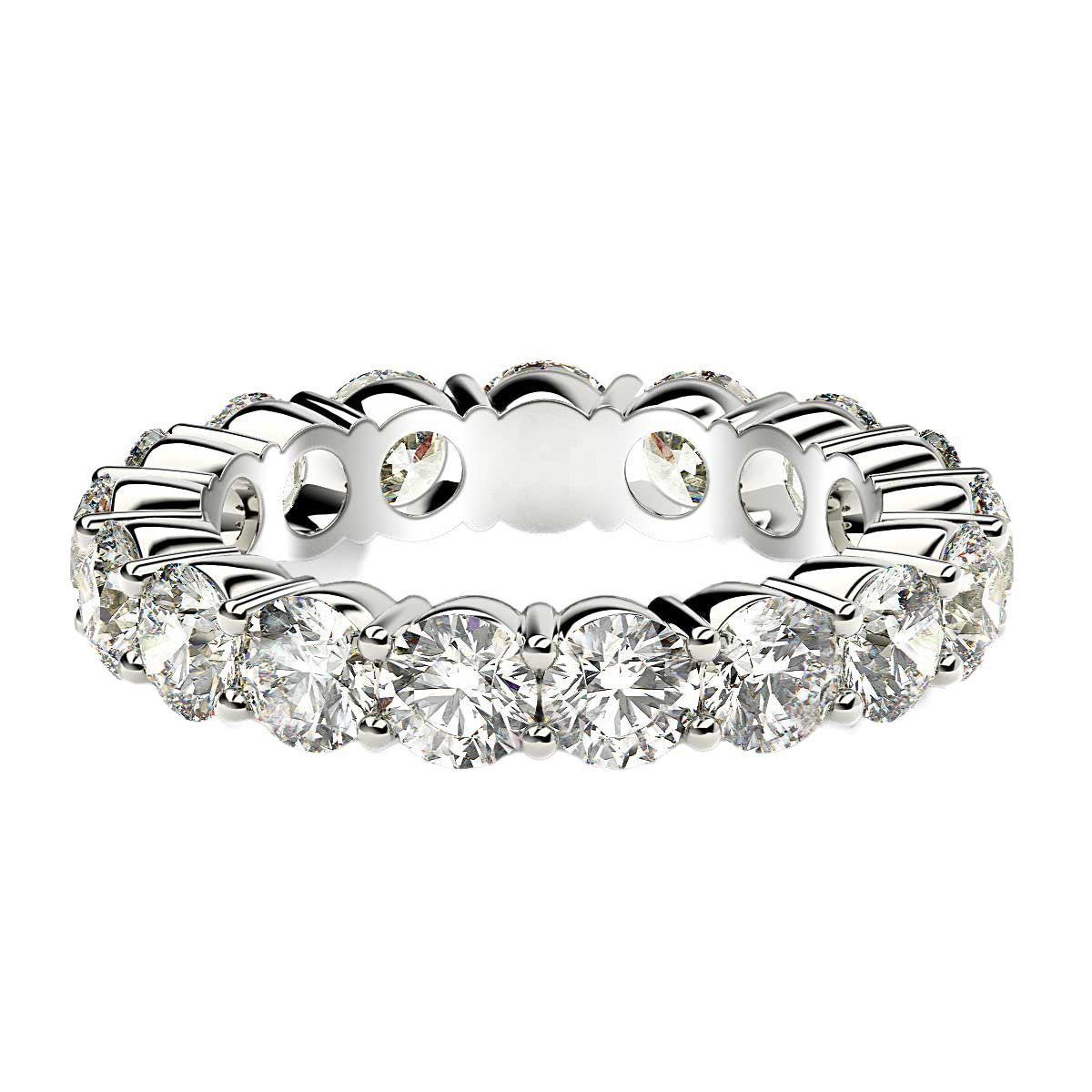 A round cut lab grown diamond eternity ring in 14k white gold.