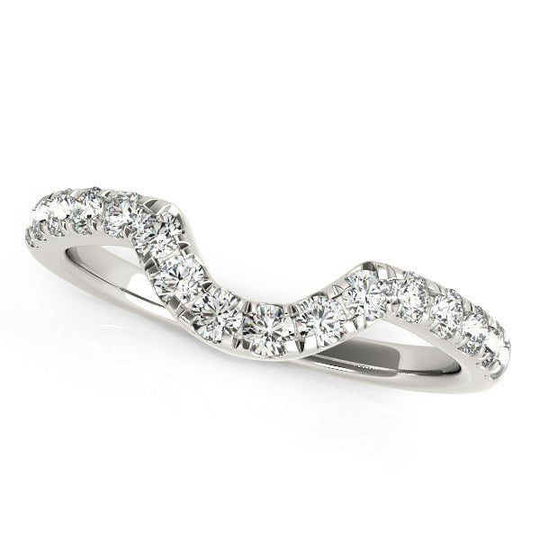 14k white gold curved wedding band with 16 round, prong-set diamonds.