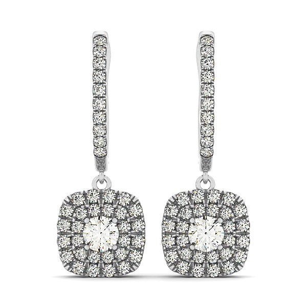 14k white gold double halo cushion shaped diamond drop earrings.