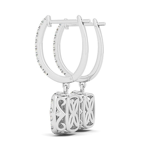 14k white gold diamond drop earrings with a decorative side pattern.