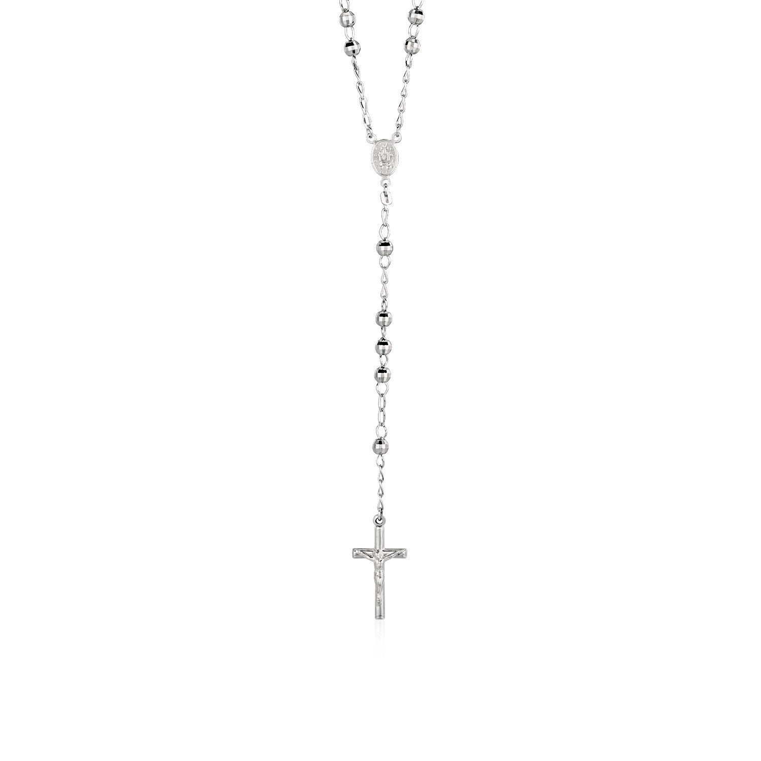 Sterling silver rosary chain necklace with large polished beads and a crucifix.