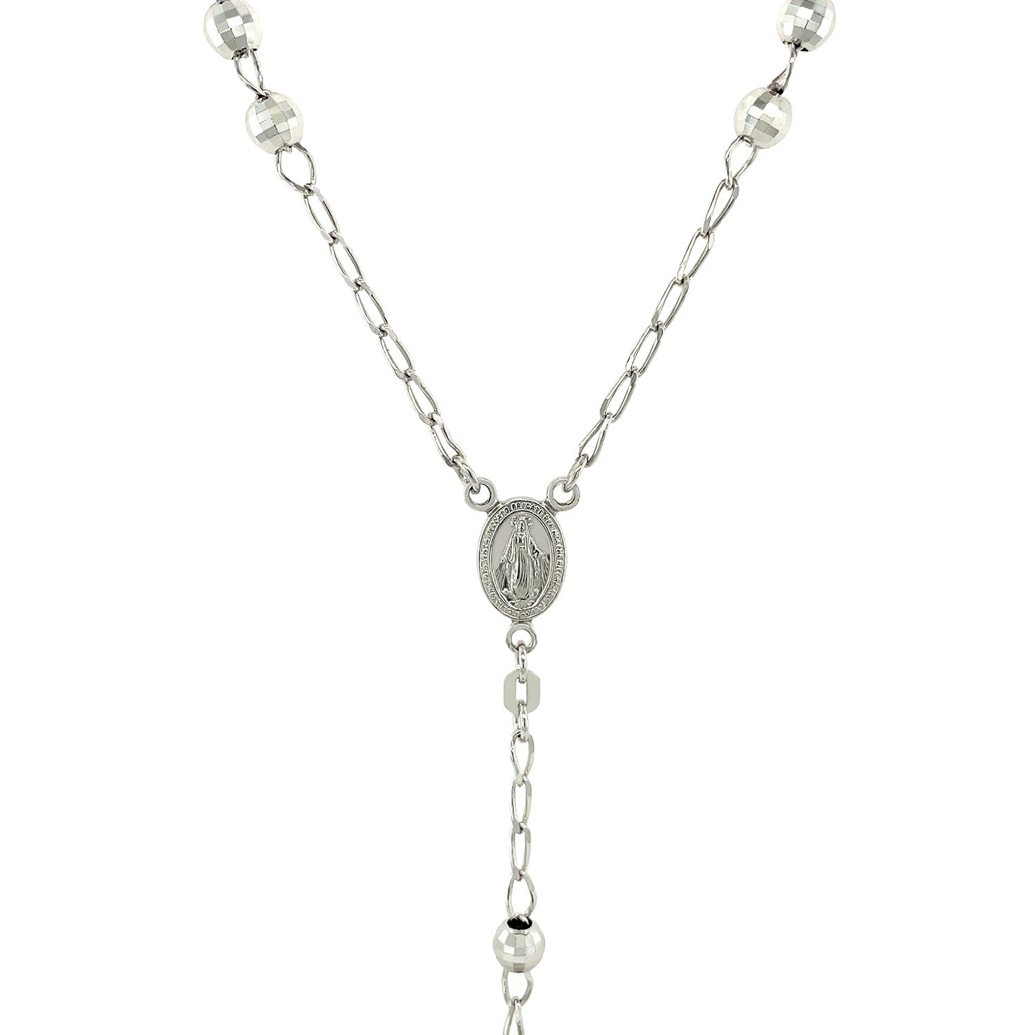 Sterling silver rosary chain and large bead necklace with a Miraculous Medal.