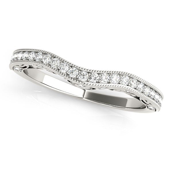 14k white gold milgrained pave set curved diamond wedding band.