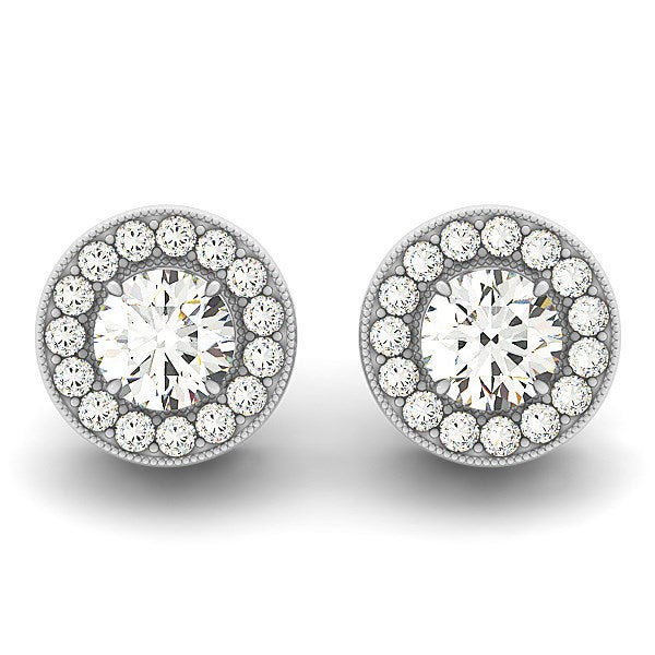 14k white gold round diamond halo milgrain border earrings with push backs.