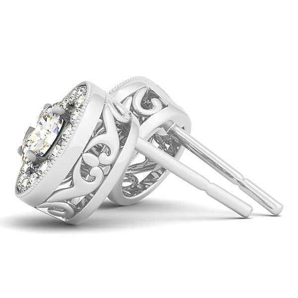 14k white gold round diamond halo milgrain border earrings with filigree detailing.