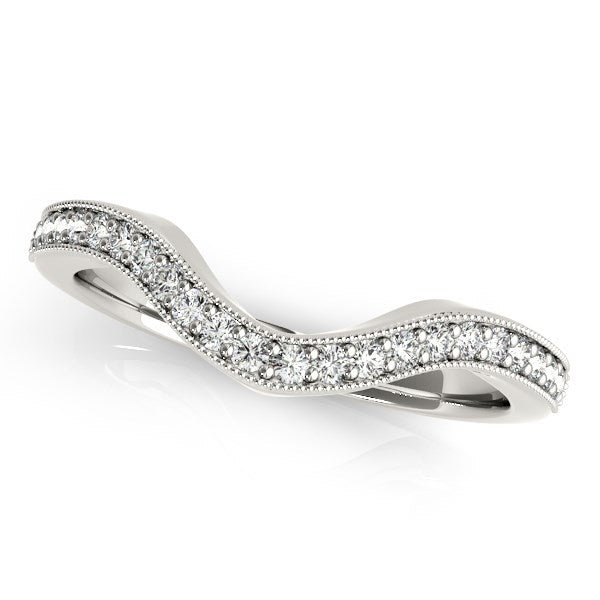 14k white gold curved diamond wedding band with milgrained borders.