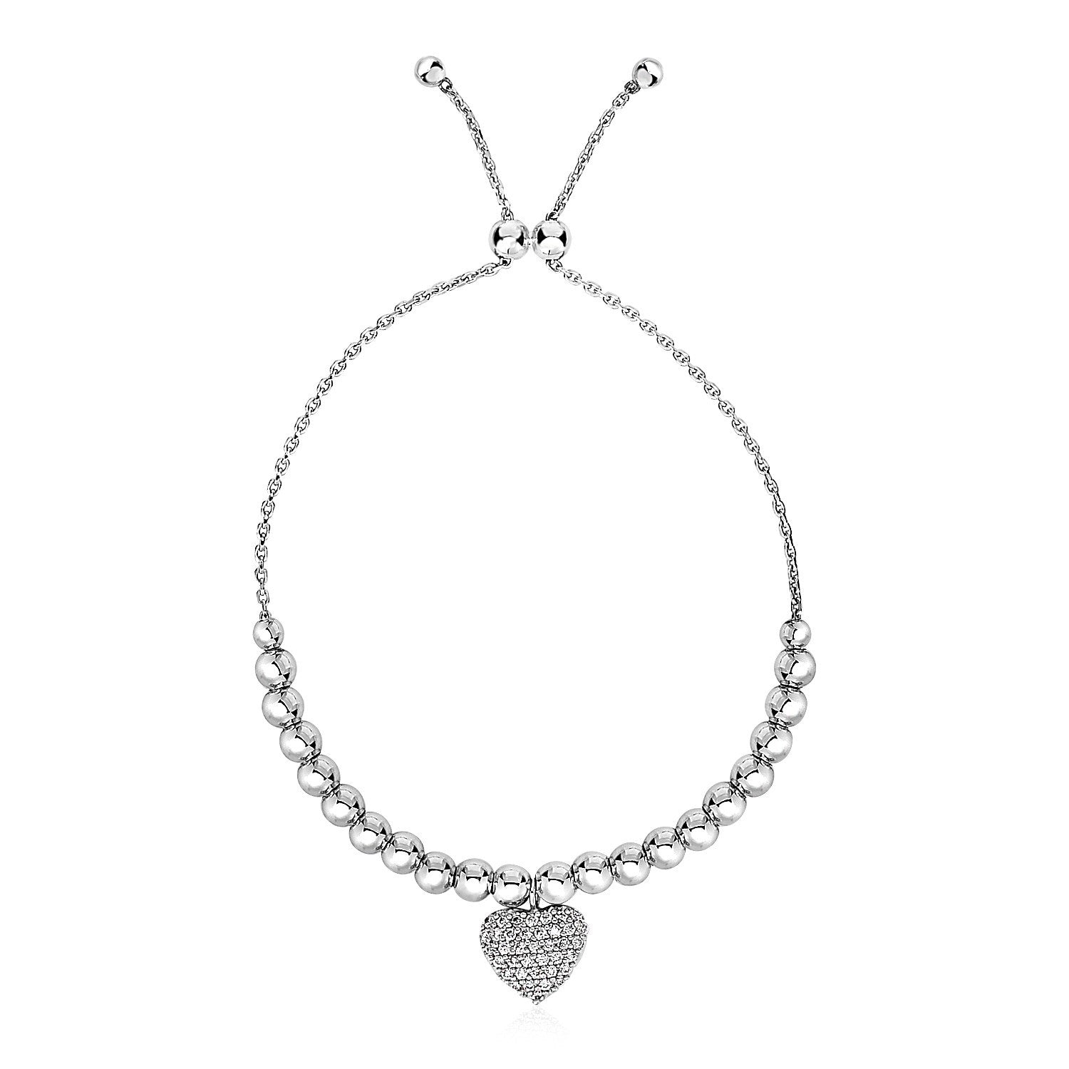 Adjustable sterling silver bead bracelet with a pave cubic zirconia heart charm.