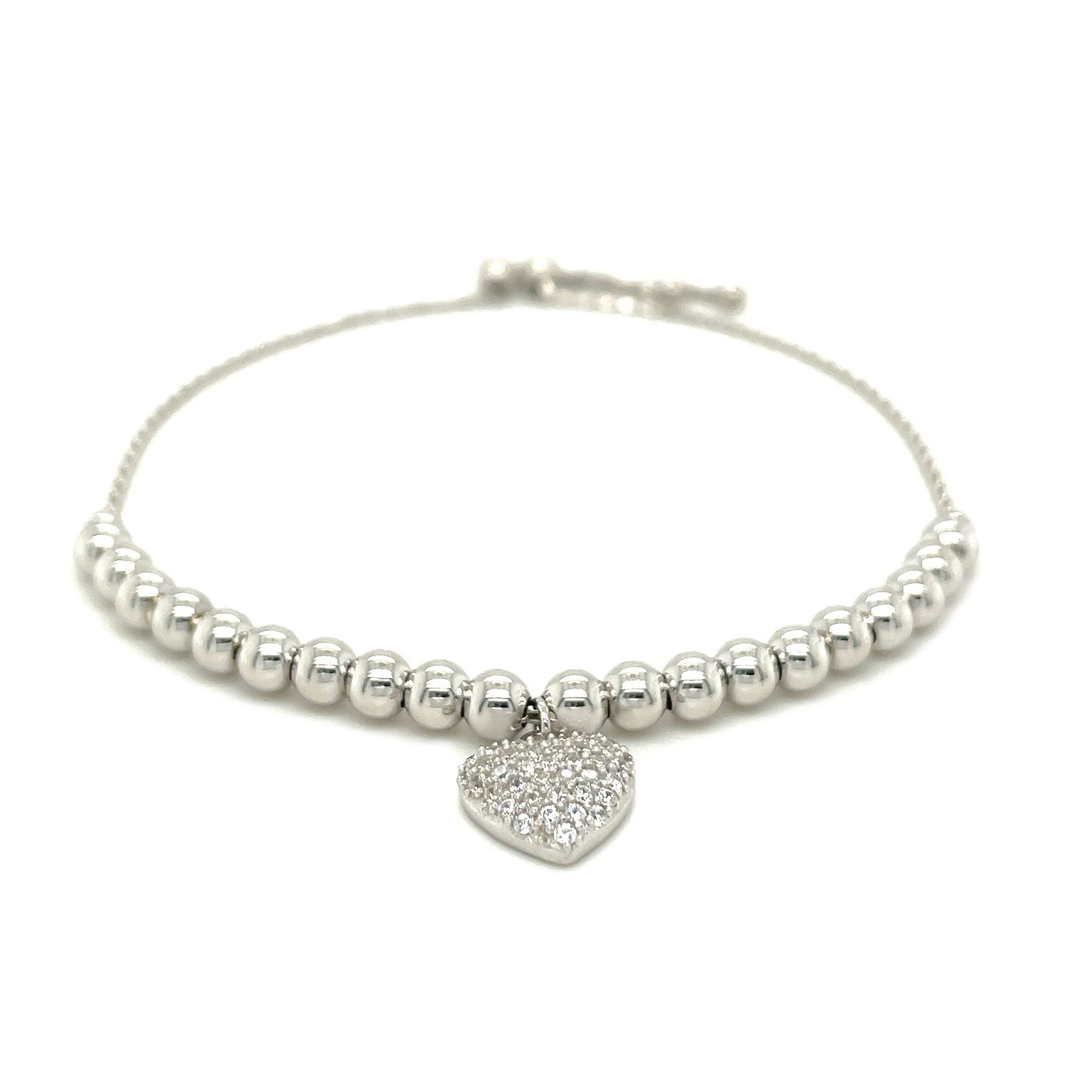 Adjustable sterling silver bead bracelet with a pave cubic zirconia heart charm.