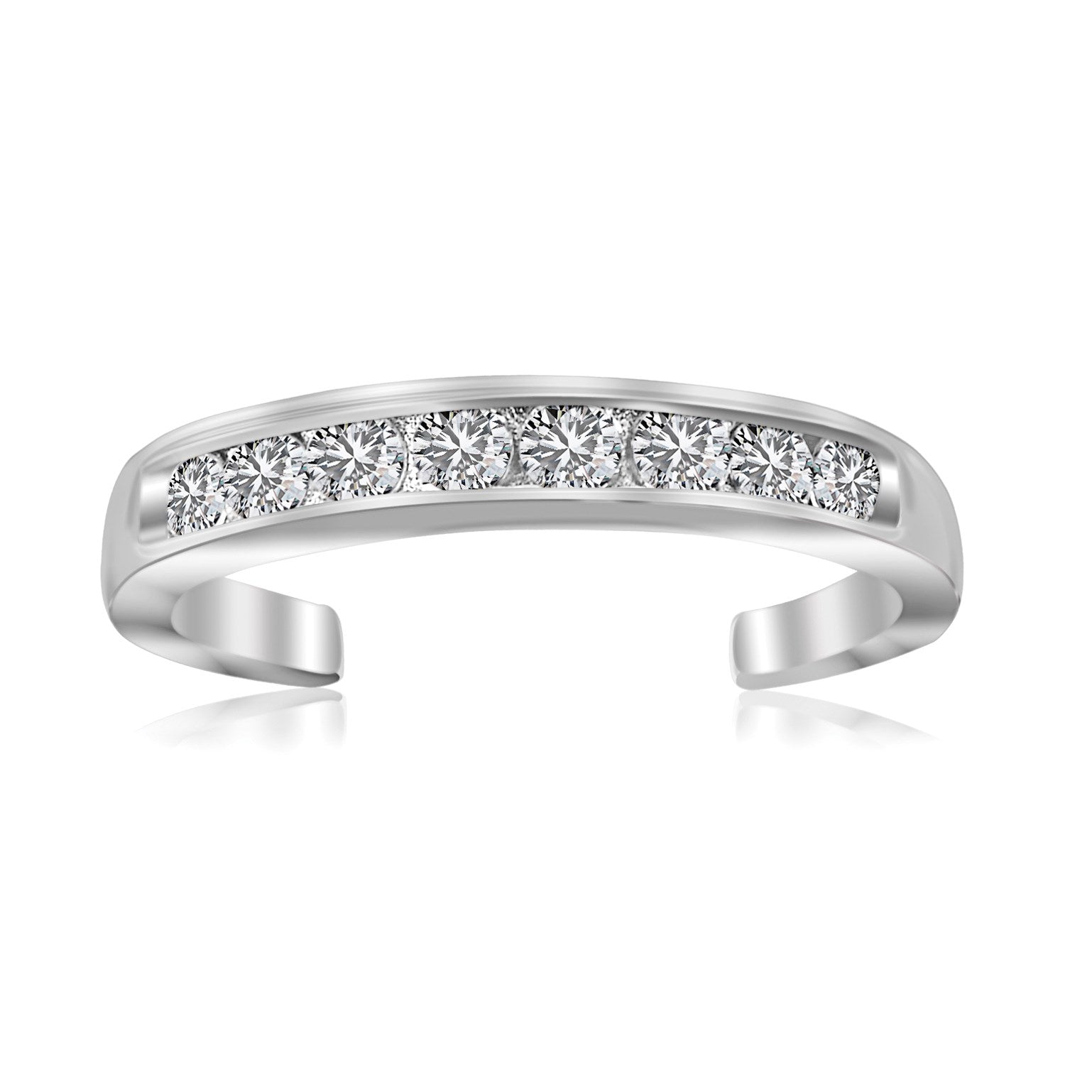 Sterling silver rhodium-finished toe ring with a channel of round white cubic zirconia.
