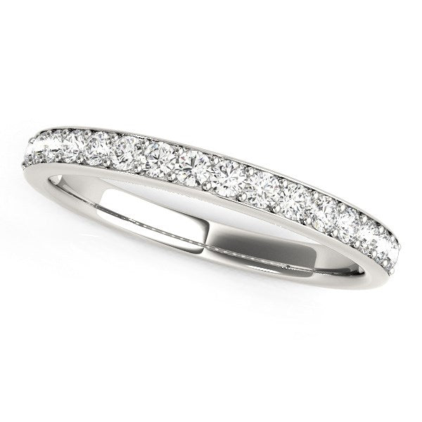 14k white gold wedding band with 16 prong-set round diamonds.