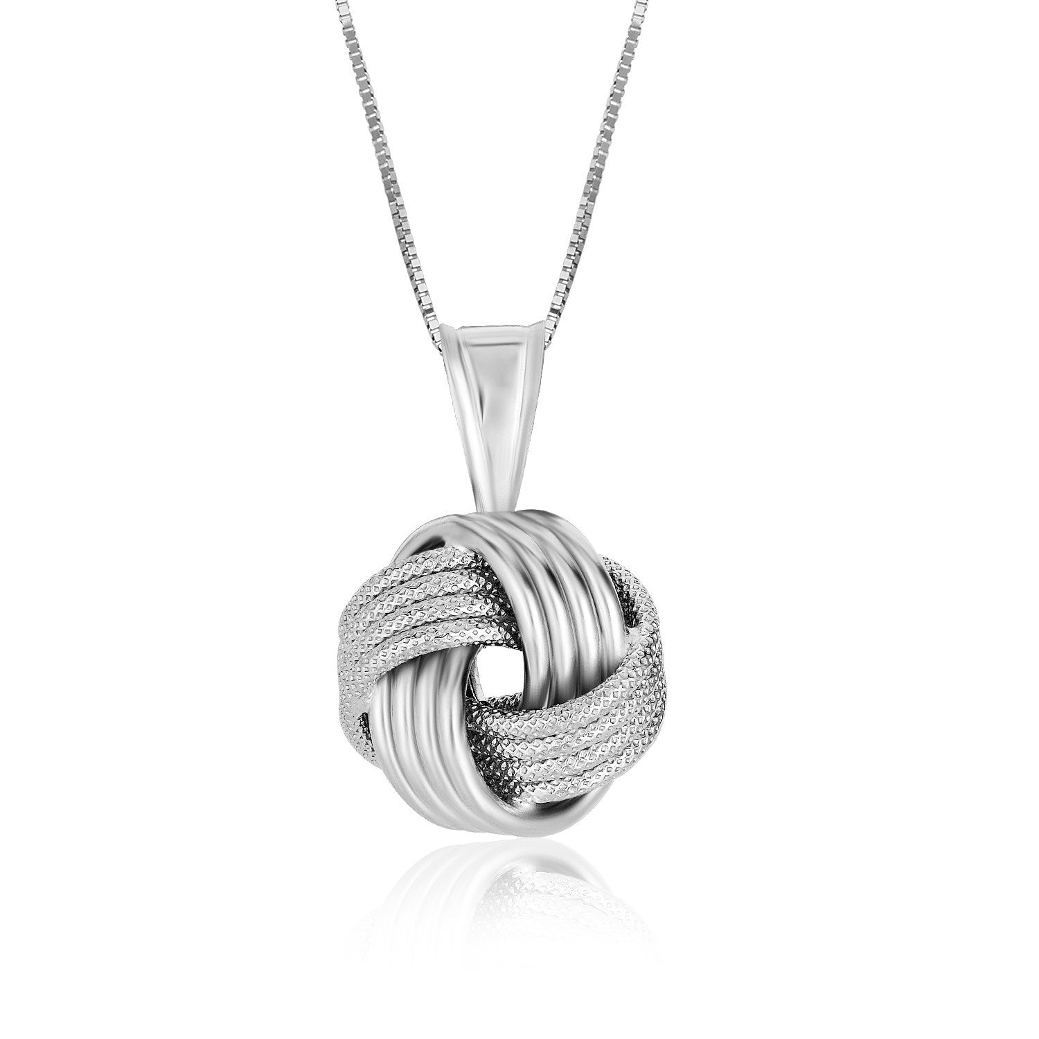 Sterling silver love knot pendant with a ridge textured design on a box chain.