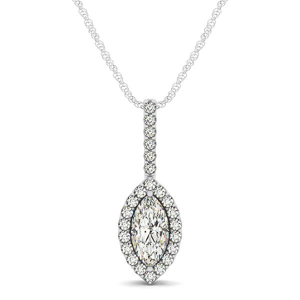 Marquis shape diamond halo pendant in 14k white gold on a rope chain.