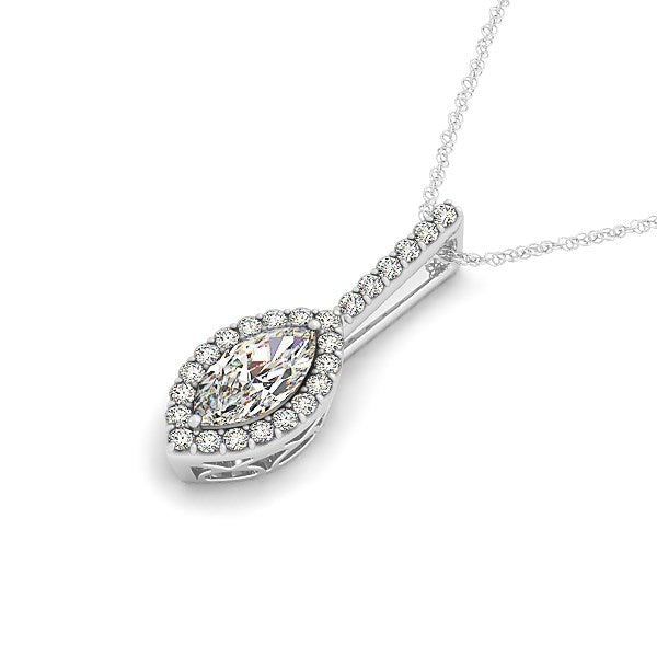 Marquis diamond halo pendant in 14k white gold on a rope chain.