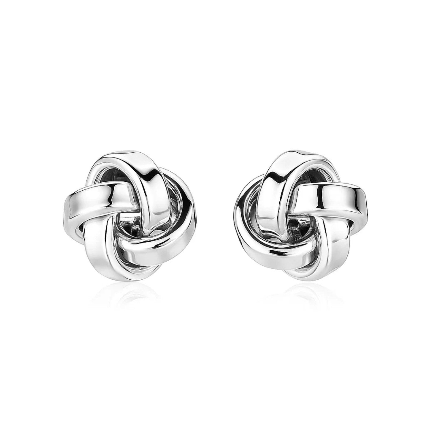 Sterling silver polished love knot earrings, 10mm in diameter.