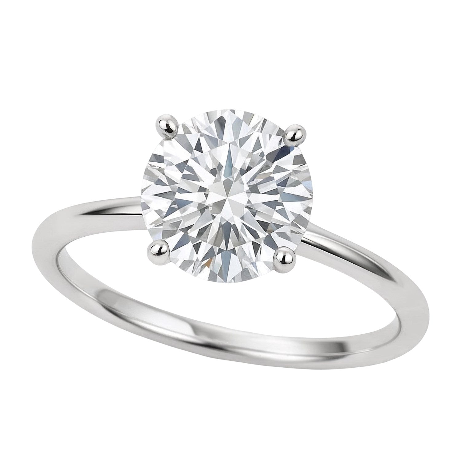 A sterling silver solitaire ring features a round, brilliant-cut diamond in a four-prong setting.