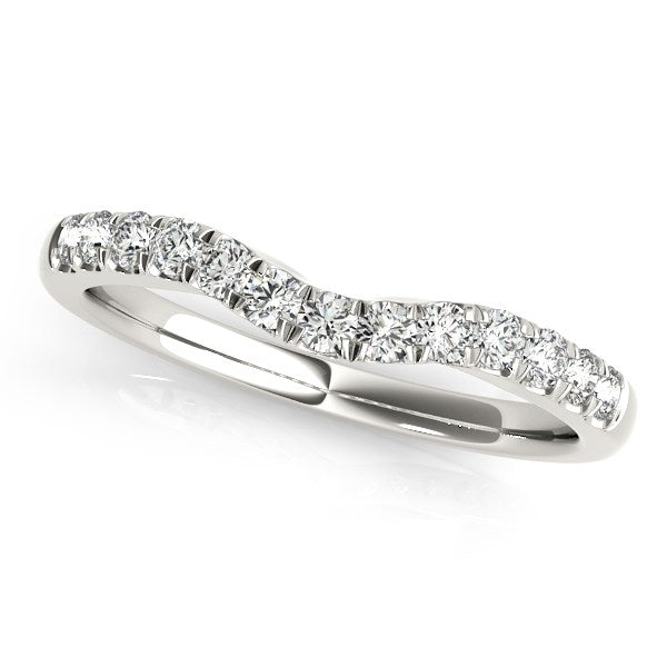 14k white gold curved wedding band with thirteen round diamonds in a prong setting.