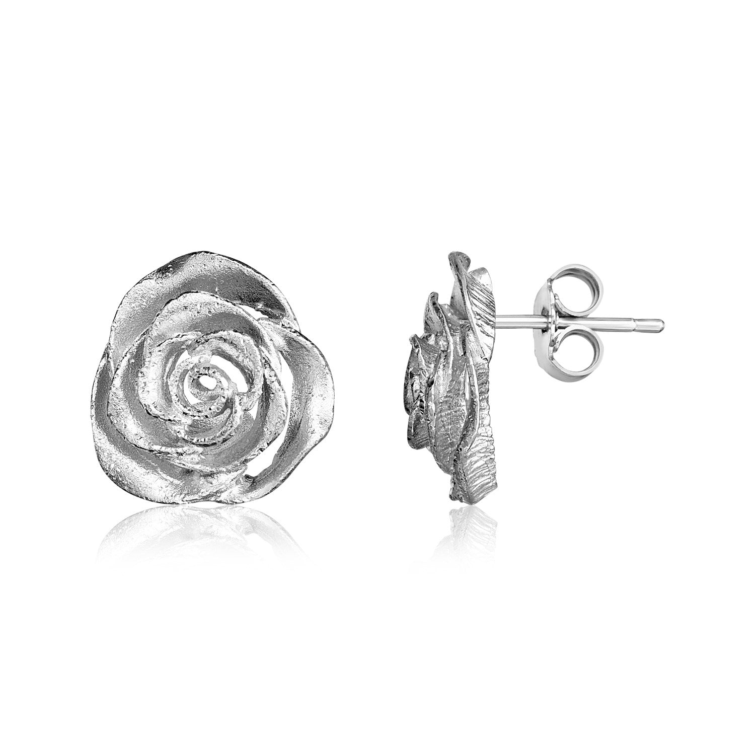 Sterling silver rose earrings with a front view and a side view.