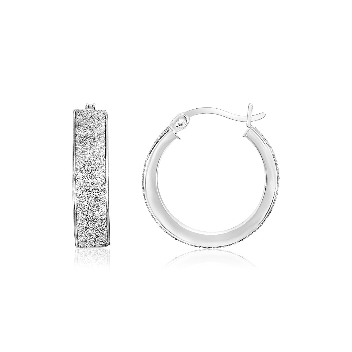 Sterling silver small glitter texture round hoop earrings with hinged clasps.