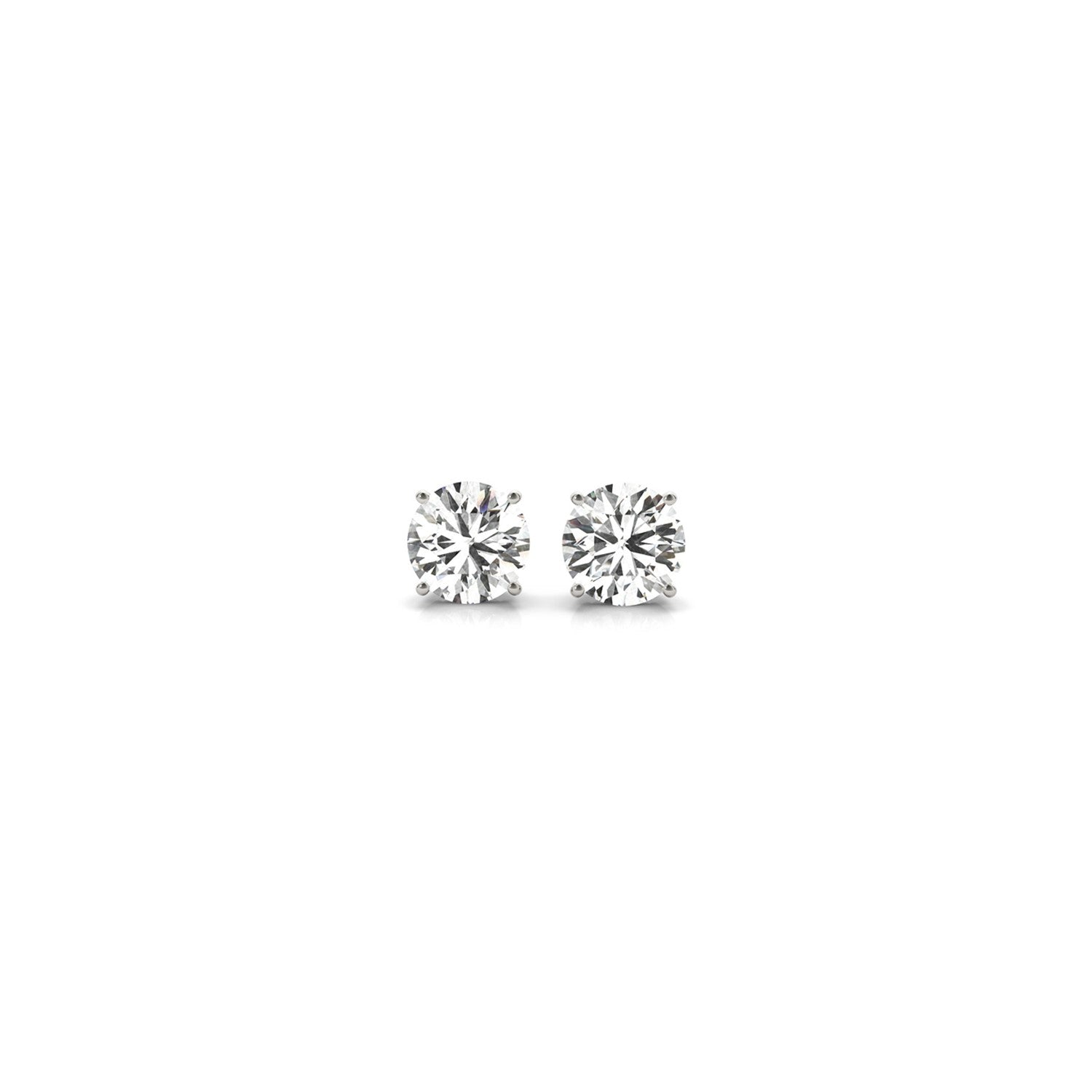 Two round lab-grown diamond stud earrings in 14k white gold.
