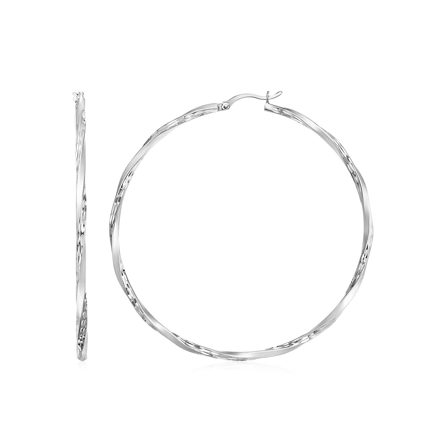 Matte and textured twisted hoop earrings in sterling silver with hinged clasps.