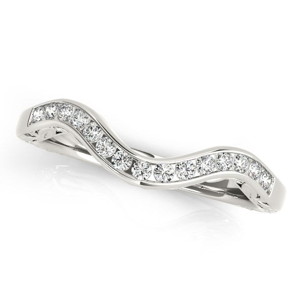 14k white gold curved wedding ring with 14 round diamonds set in a channel.