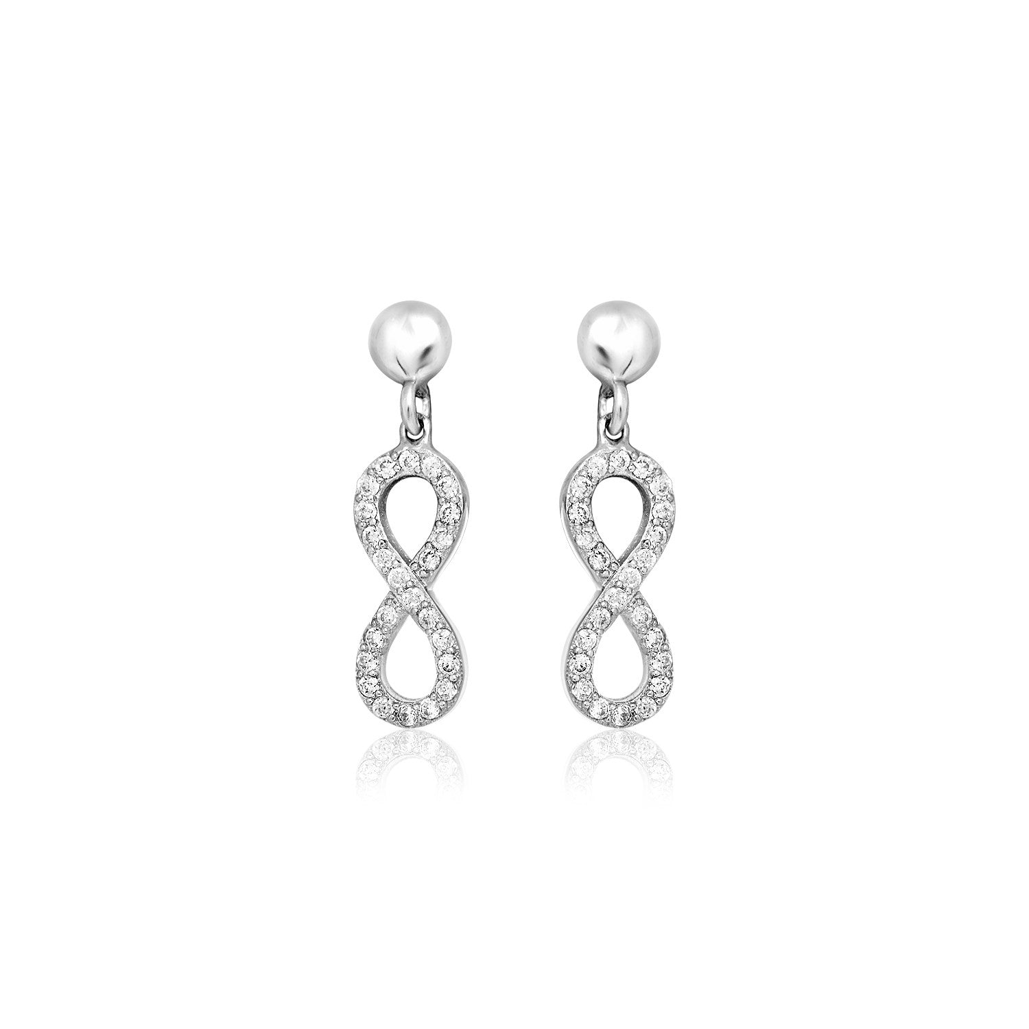 Sterling silver infinity symbol earrings with cubic zirconias.