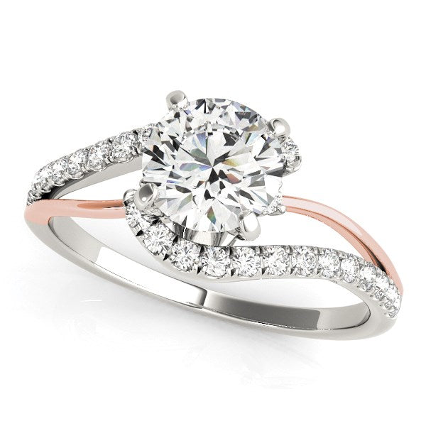 14k white and rose gold bypass shank diamond engagement ring with a round center stone.