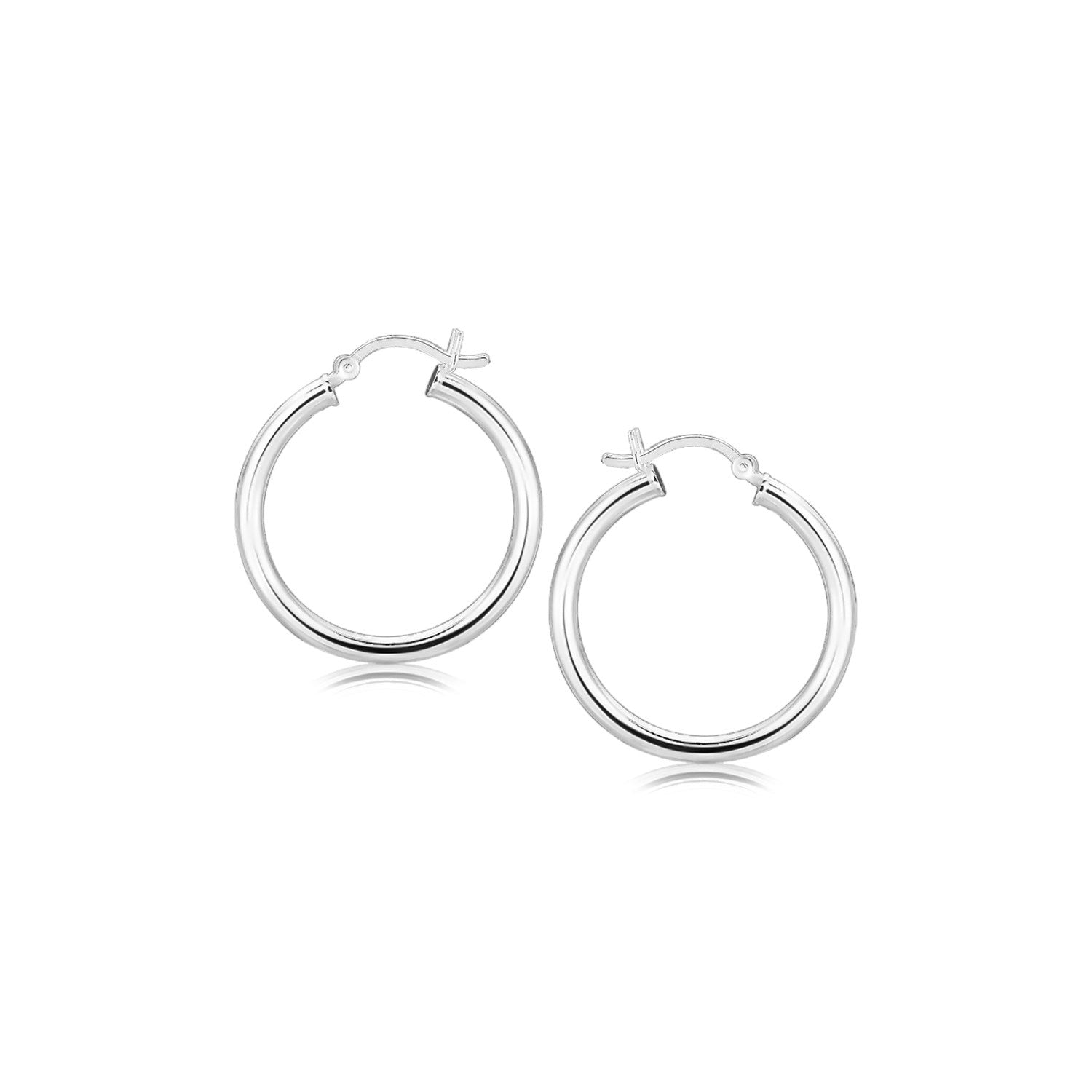 Sterling silver rhodium-plated polished hoop earrings with snap backings.