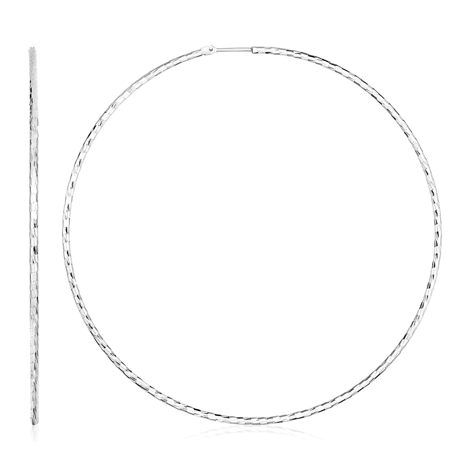 Sterling silver large textured round hoop earrings with an endless clasp.