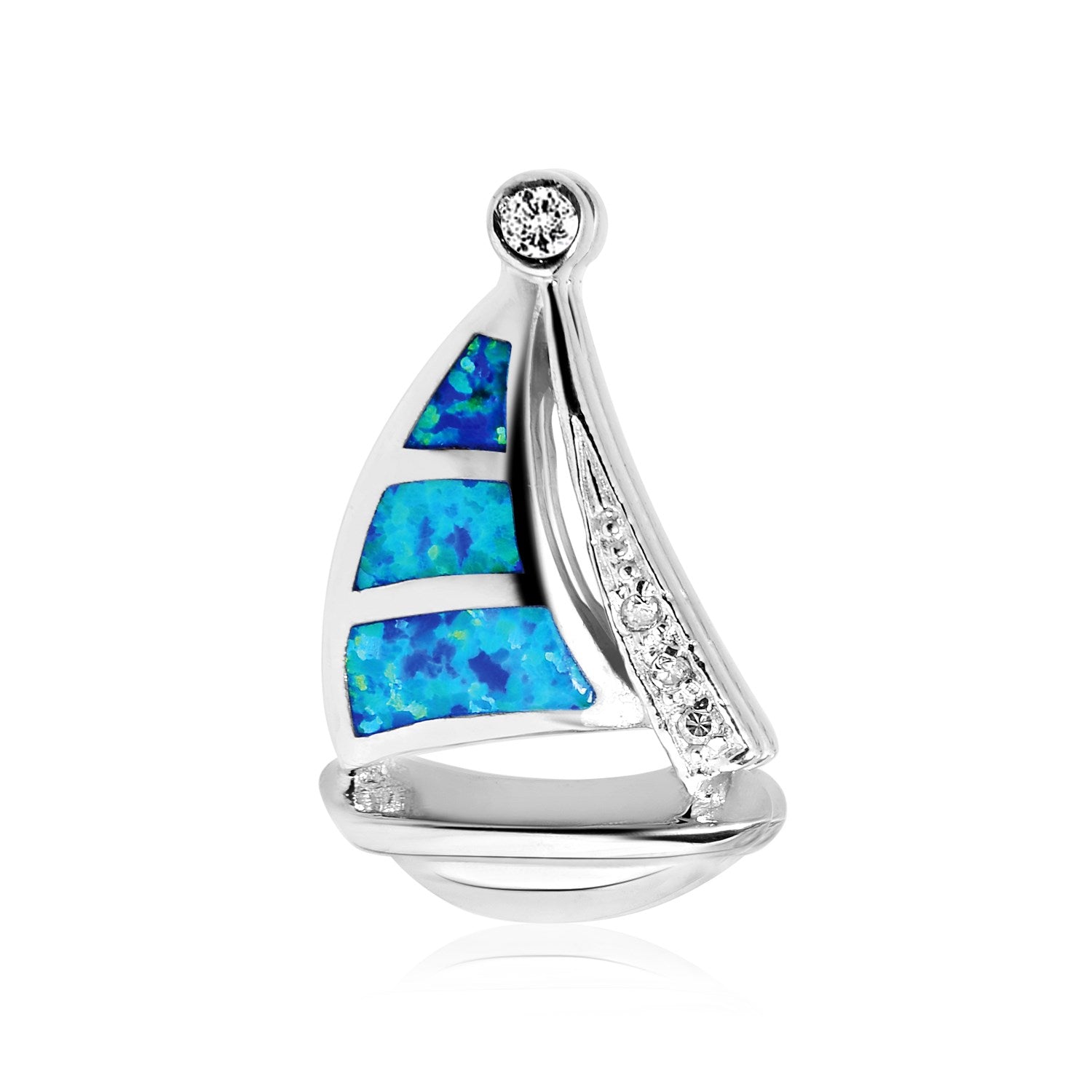 Sterling silver sailboat pendant with blue opal inlay and clear cubic zirconia accents.