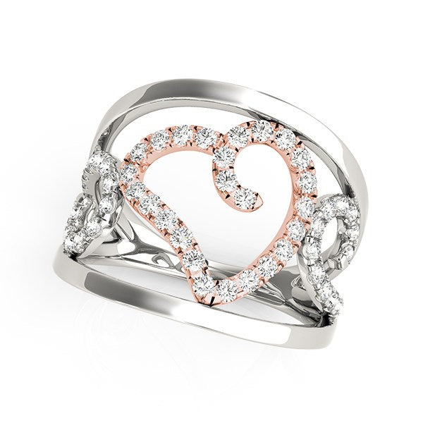 14k white and rose gold ring with a diamond-encrusted heart and filigree design.