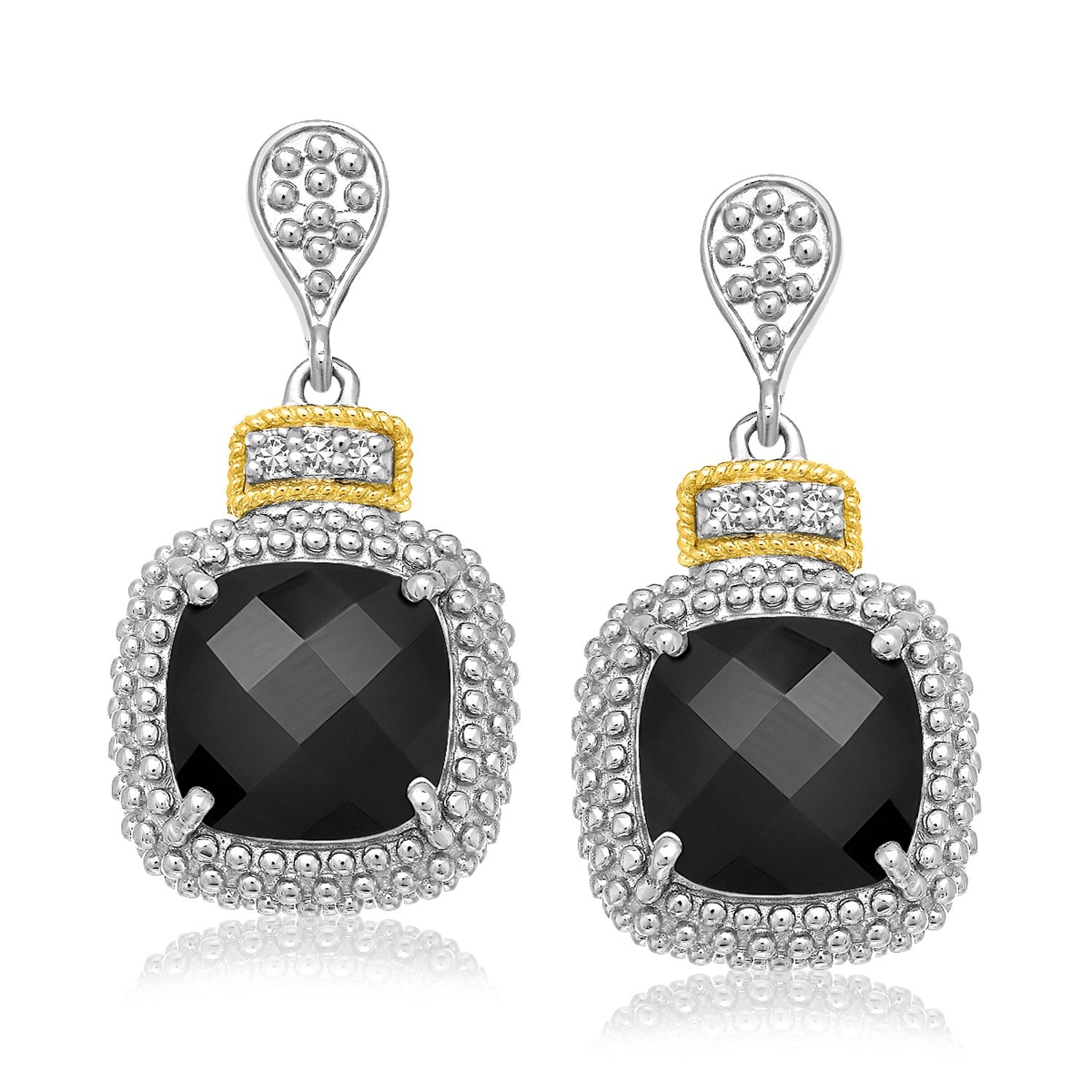 Sterling silver and yellow gold earrings with black onyx and diamond accents.