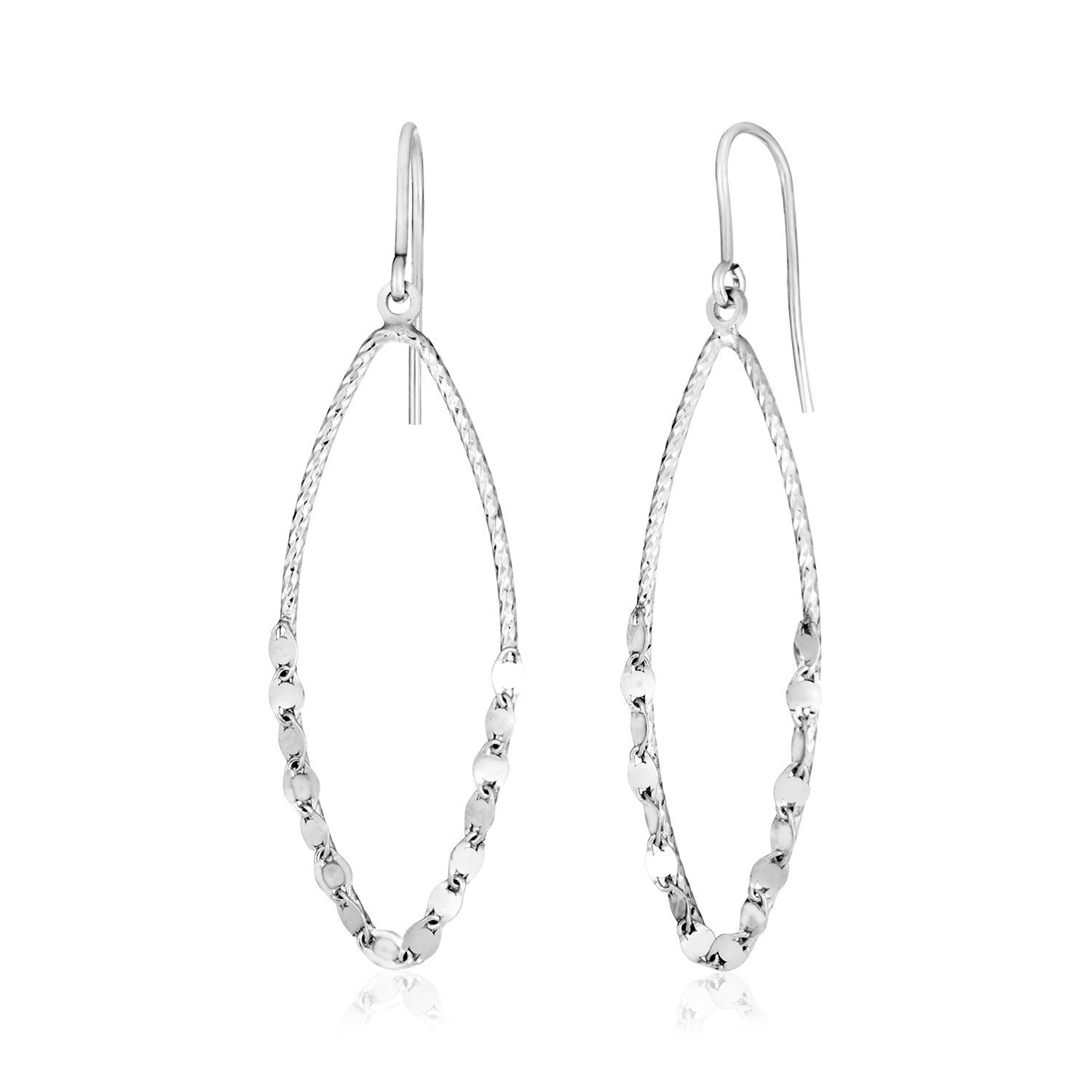Sterling silver textured marquise motif dangle earrings with French hook clasps.