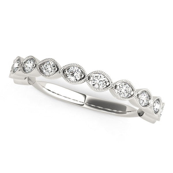 14k white gold antique style wedding band with ten round diamonds and bead detailing.