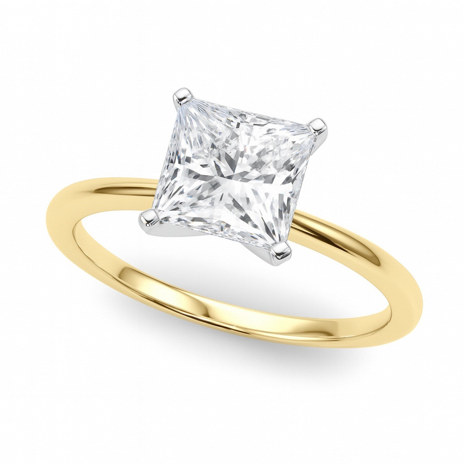 A princess-cut lab-grown diamond solitaire ring in 10K yellow gold with white gold prongs.