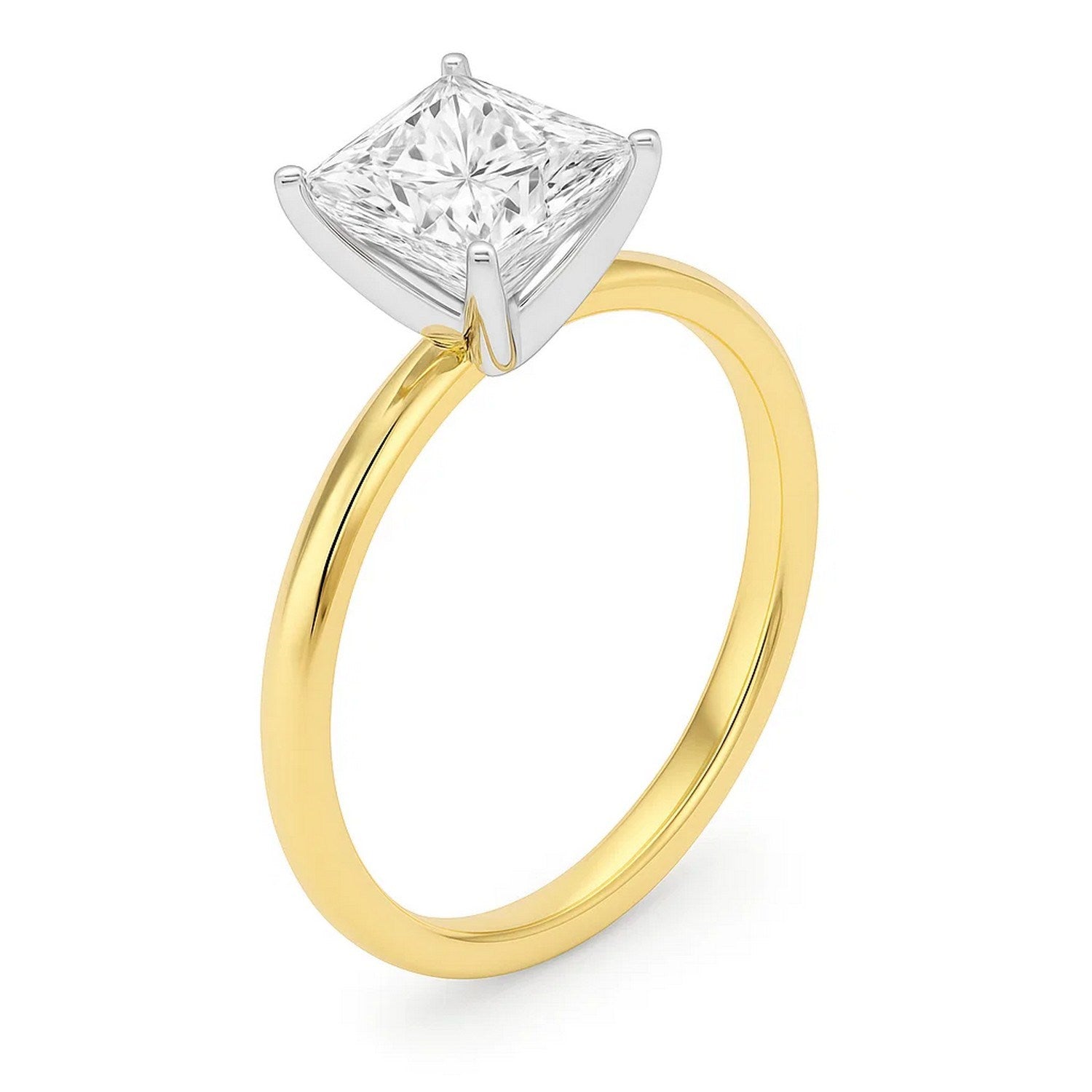 A 2 carat princess lab grown diamond solitaire ring in 10K yellow gold.